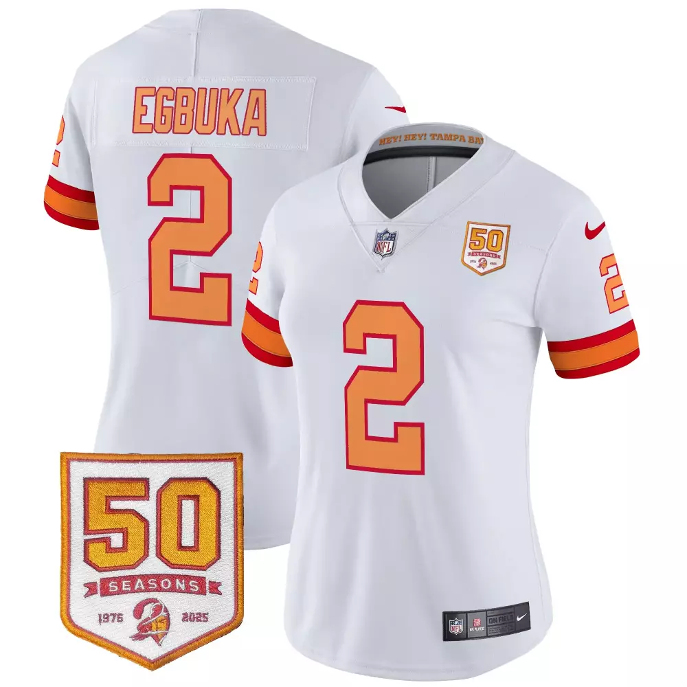 Emeka Egbuka 2 Jersey White 50th Season Tampa Bay Buccaneers 50 Seasons 1976-2025 2025