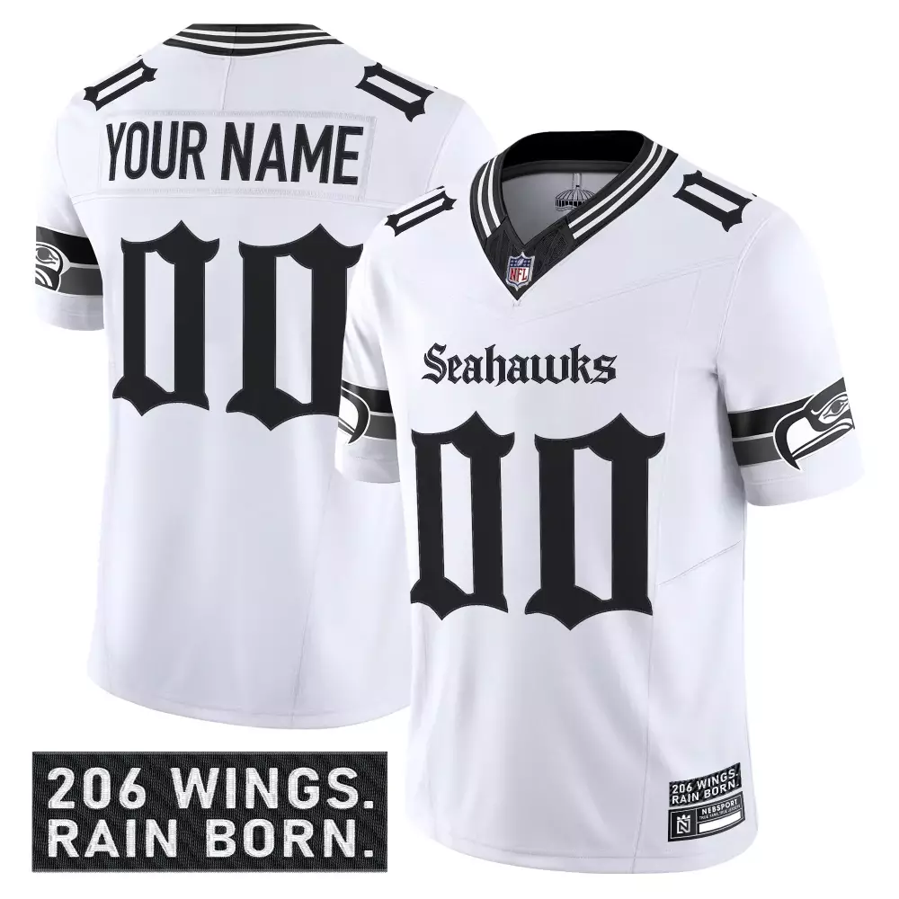 Custom Seahawks Jersey White 206 Wings. Rain Born. Men Black Stitched Vapor