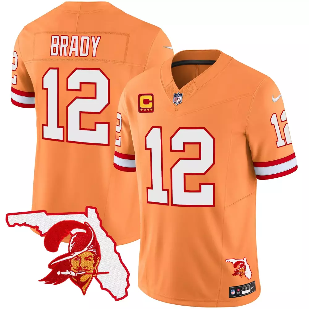 Tom Brady 12 Buccaneers Jersey Orange Captain Men Authentic White Red Vapor Limited