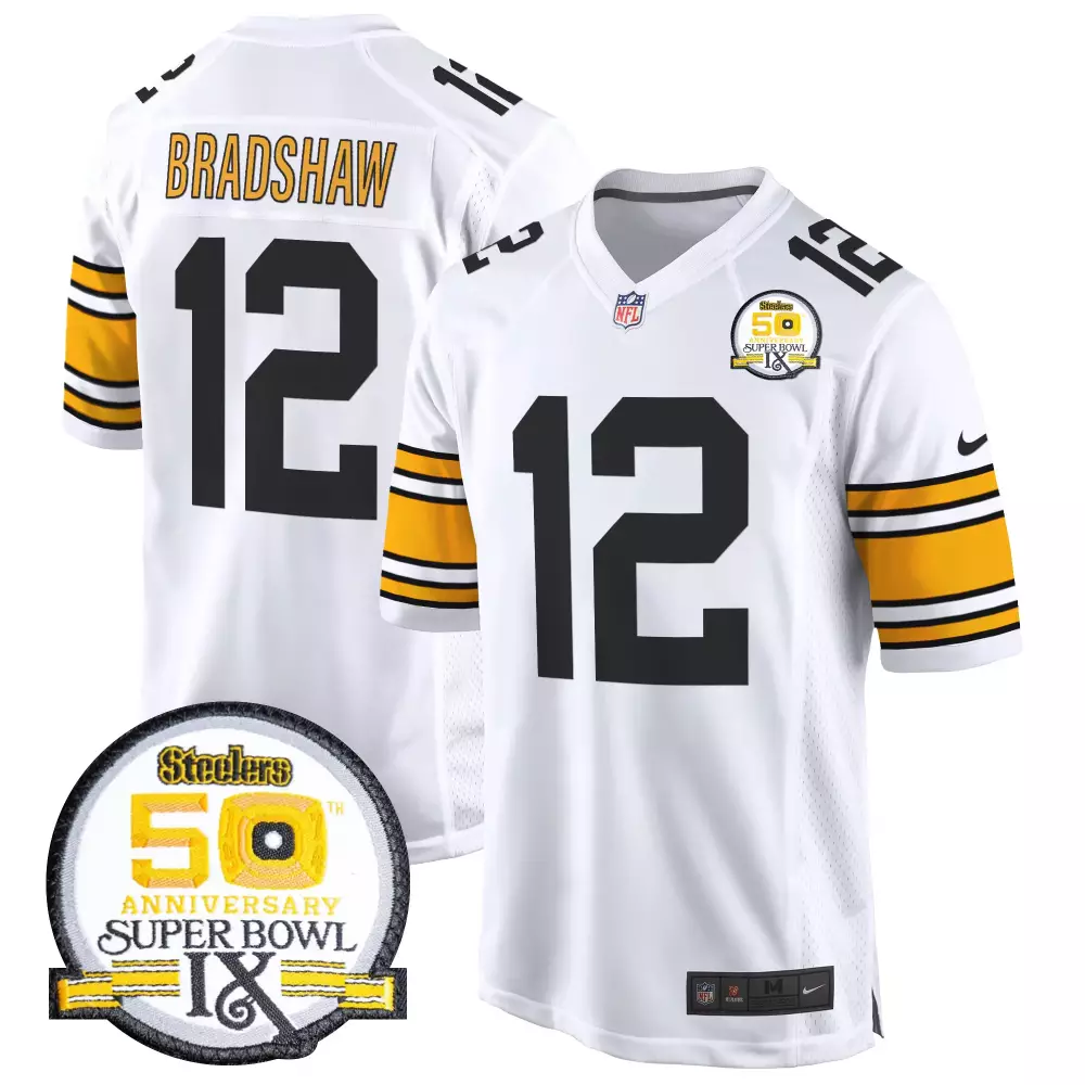 Terry Bradshaw 12 Steelers Jersey White Super Bowl 50 2016 Men Replica Black Gold