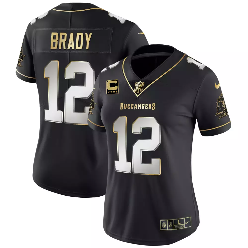 Tom Brady 12 Buccaneers Jersey Black Captain Women Gold Silver All Stitched Vapor