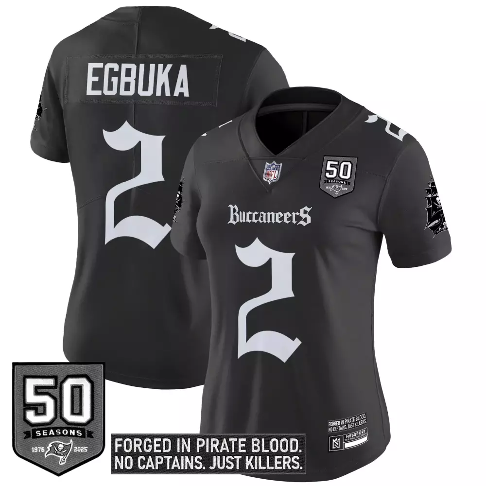 Emeka Egbuka 2 Buccaneers Jersey Black 50 Seasons 1976-2025 Women Authentic White