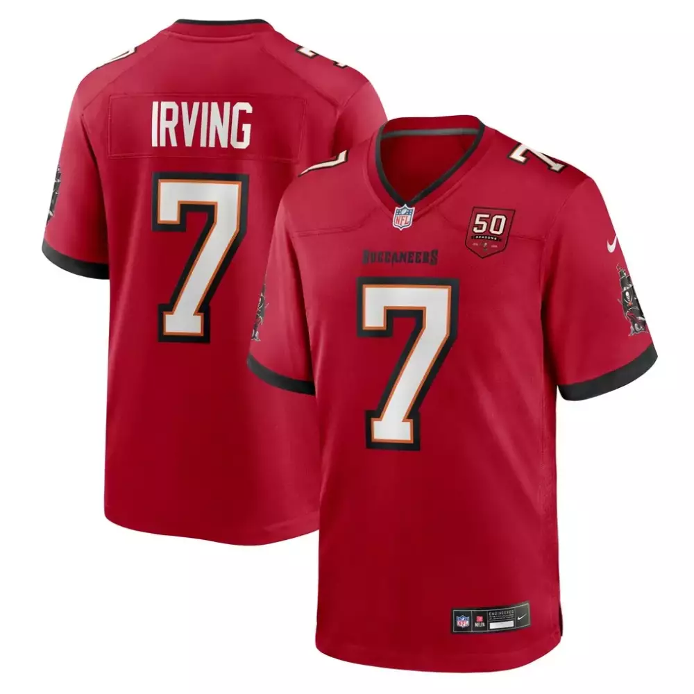 Bucky Irving 7 Buccaneers Jersey Red 50 Seasons Men NFL White Black Game