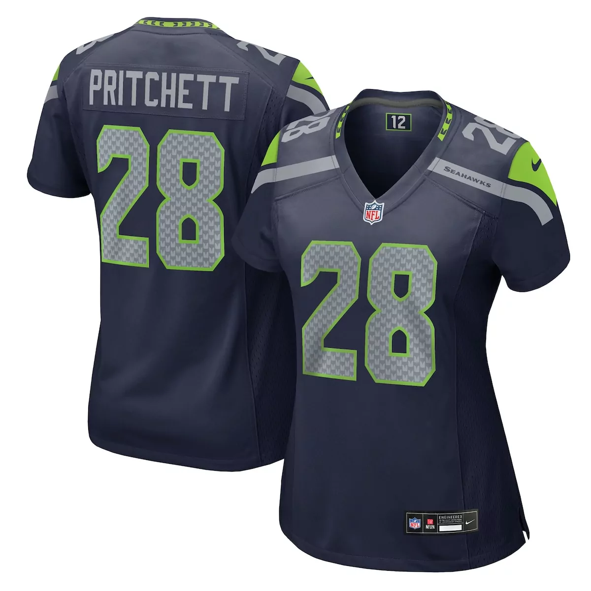 Nehemiah Pritchett 28 Jersey Navy Blue Seattle Seahawks Women Neon Green Gray Game
