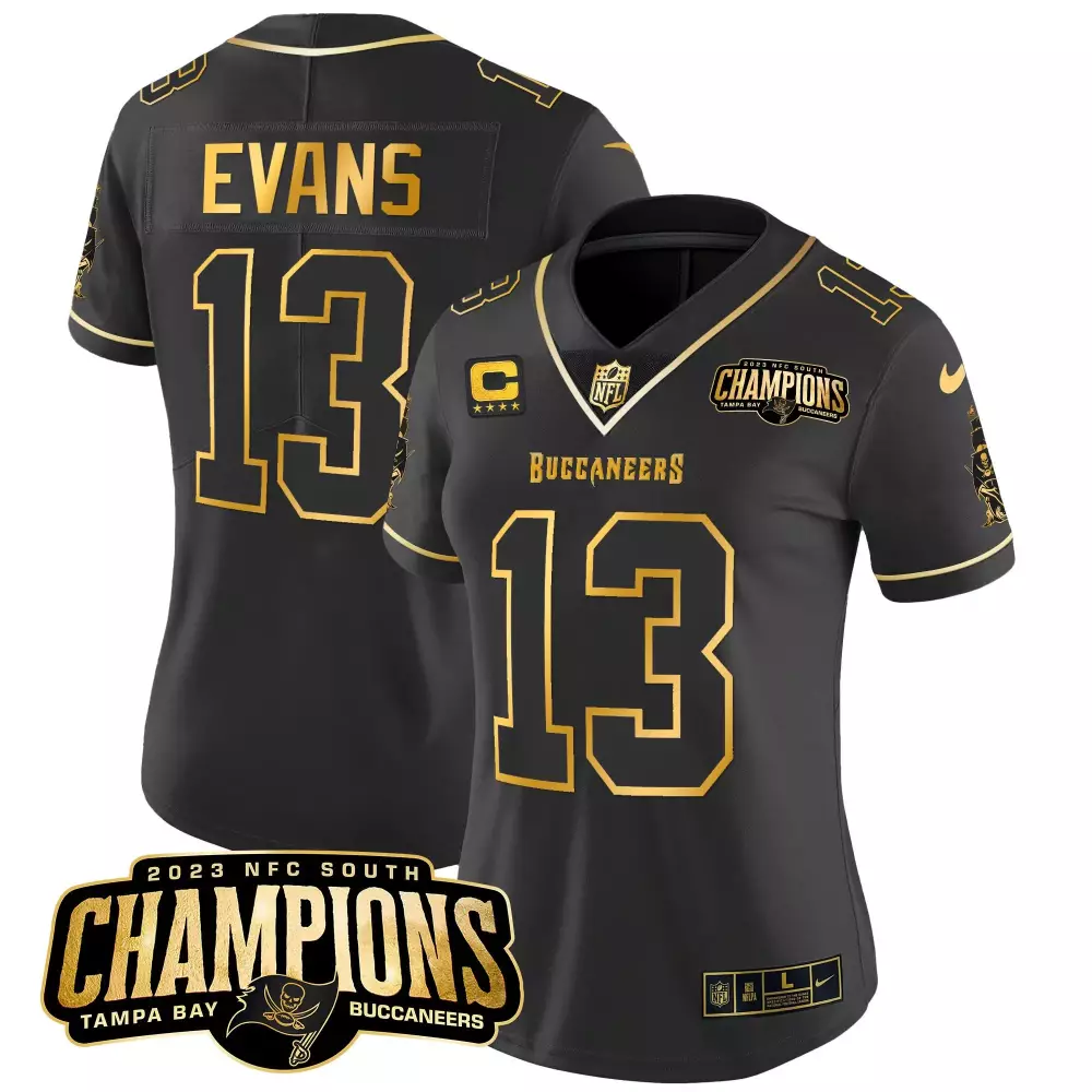 Mike Evans 13 Buccaneers Jersey Black 2023 NFC South Champions Women NFL Gold Vapor