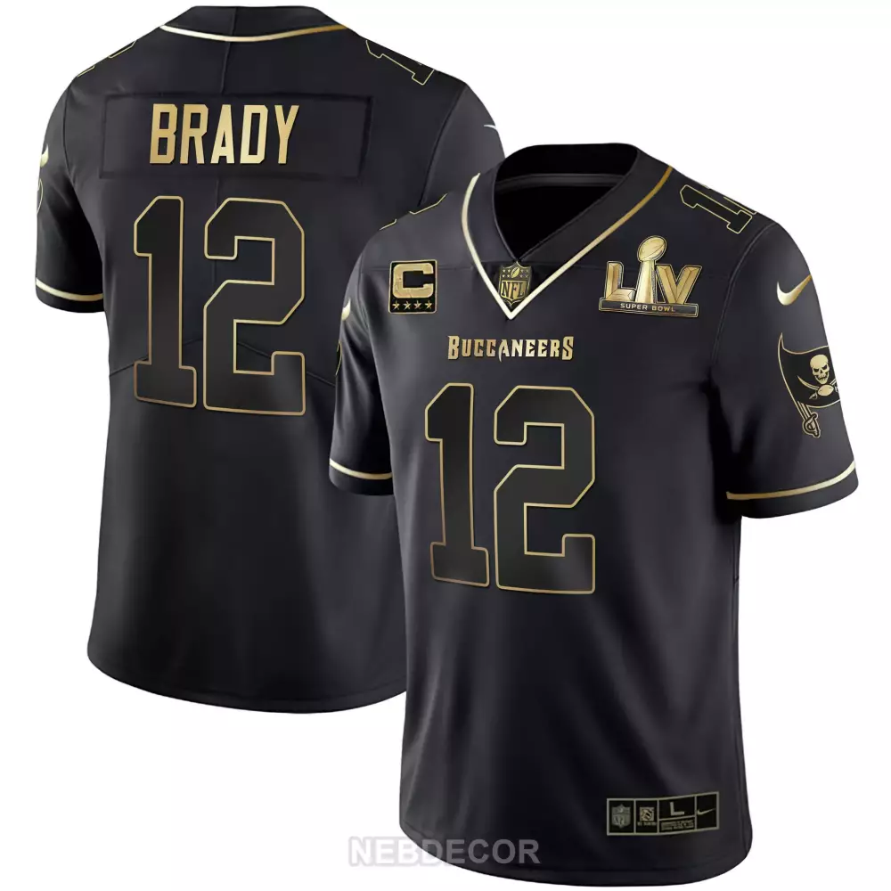 Tom Brady 12 Buccaneers Jersey Black Super Bowl Lv Skull Crossbones Men Gold All