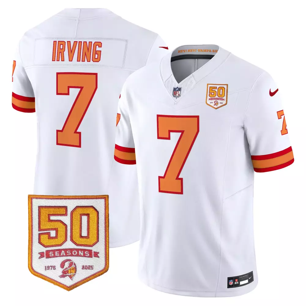 Bucky Irving 7 Buccaneers Jersey White 50th Season 50 Seasons 1976-2025 Men Orange