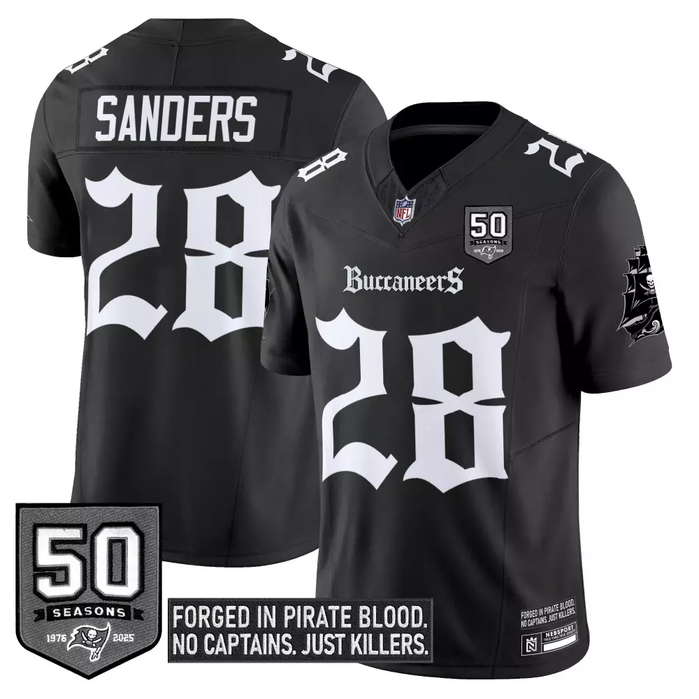 Sanders 28 Buccaneers Jersey Black 50 Seasons 1976-2026 Nesssport Men Replica White