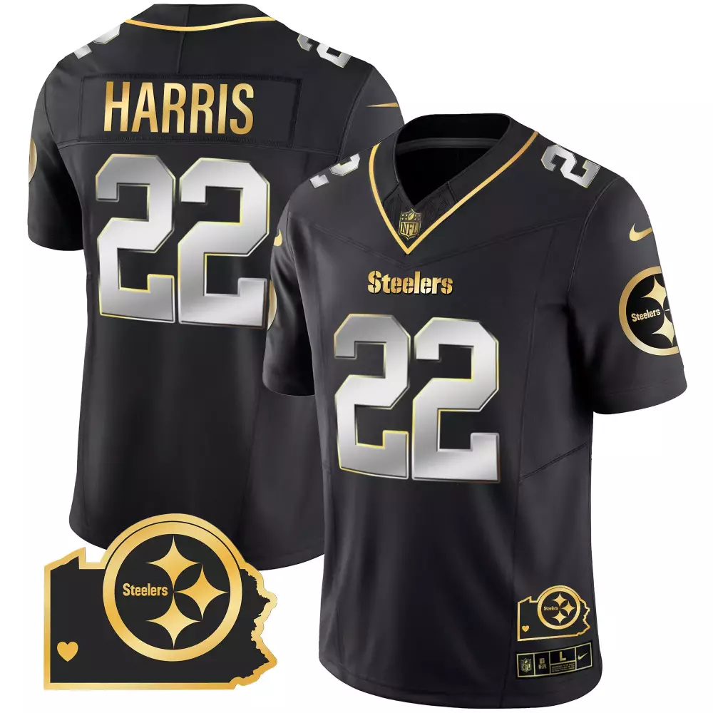 Najee Harris 22 Steelers Jersey Black Pennsylvania Shape Men Standard Gold Silver