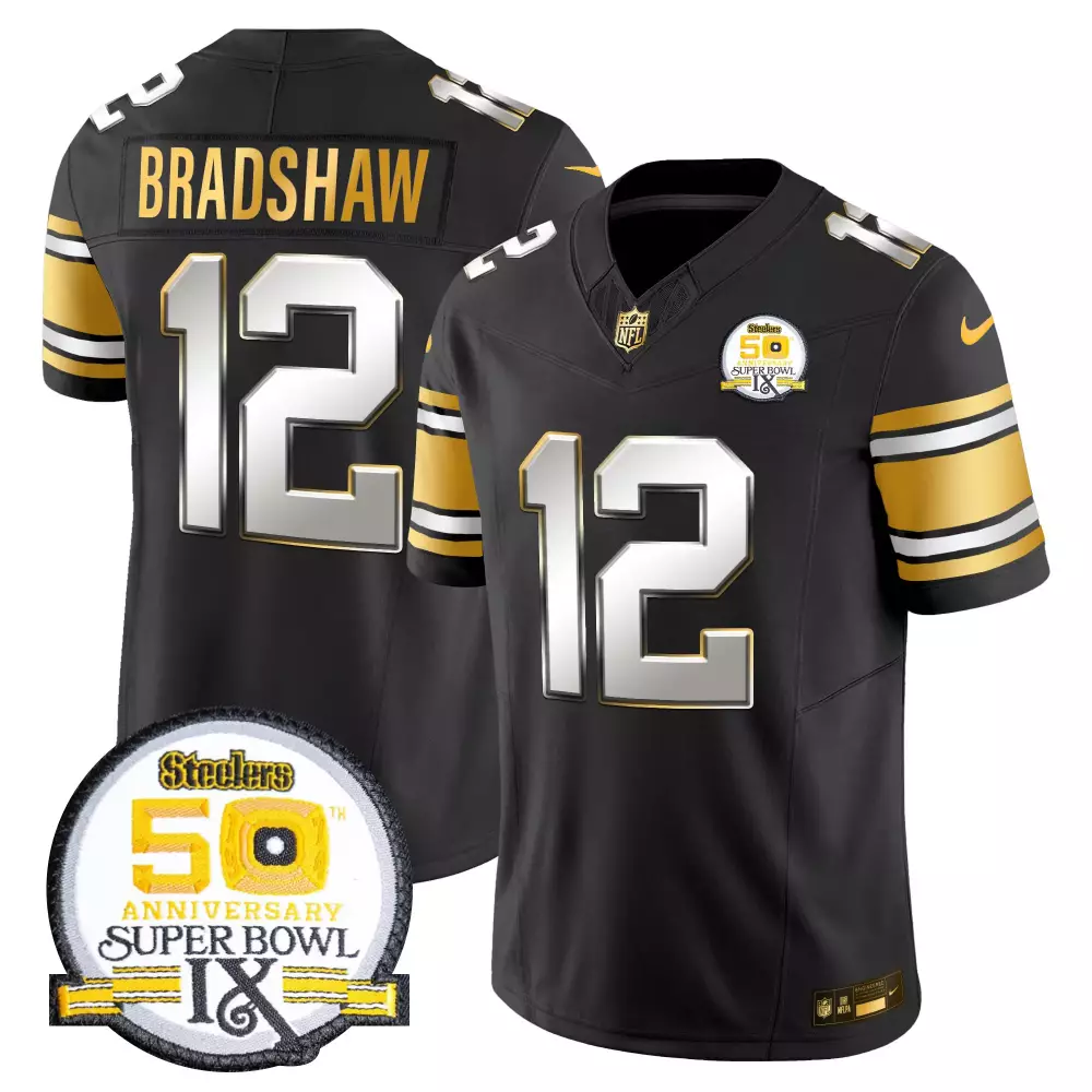 Terry Bradshaw 12 Steelers Jersey Black Super Bowl Ix Anniversary Men Gold Silver