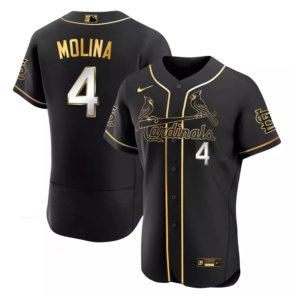 Yadier Molina 4 Cardinals Jersey Black Men Button Down Gold Flex Limited All Stitched