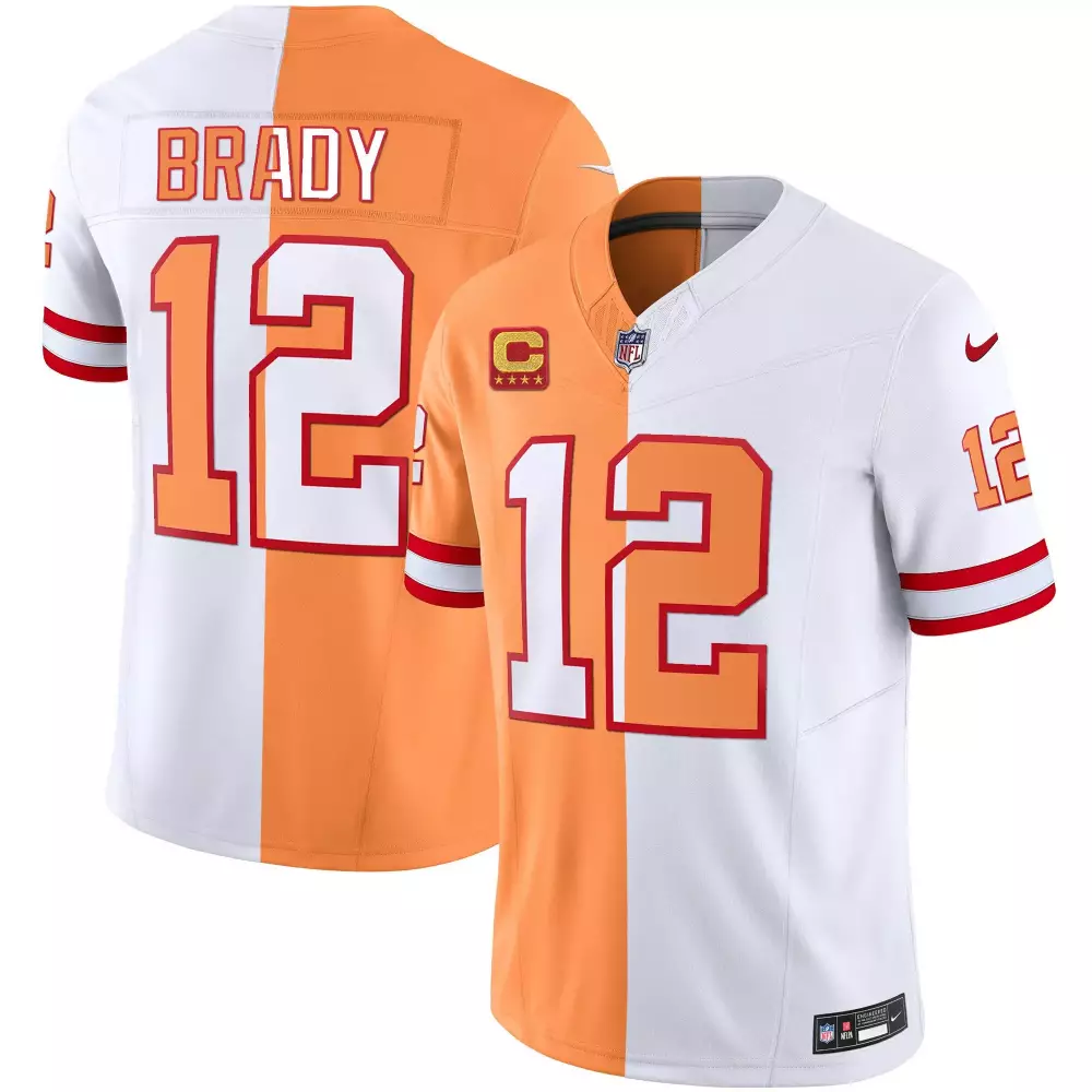 Tom Brady 12 Buccaneers Jersey Orange (captain) Men Split Design White Red Throwback