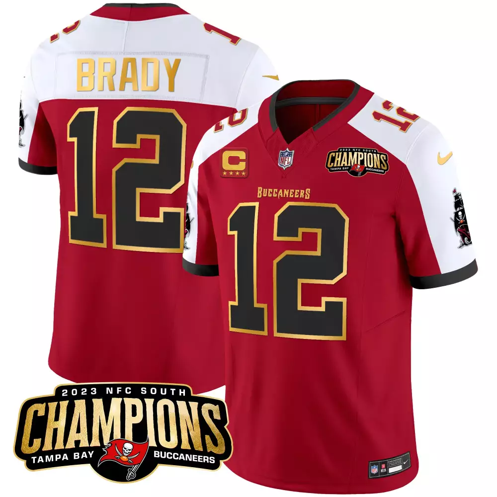 Tom Brady 12 Buccaneers Jersey Red 2023 NFC South Champions Men Authentic White Black