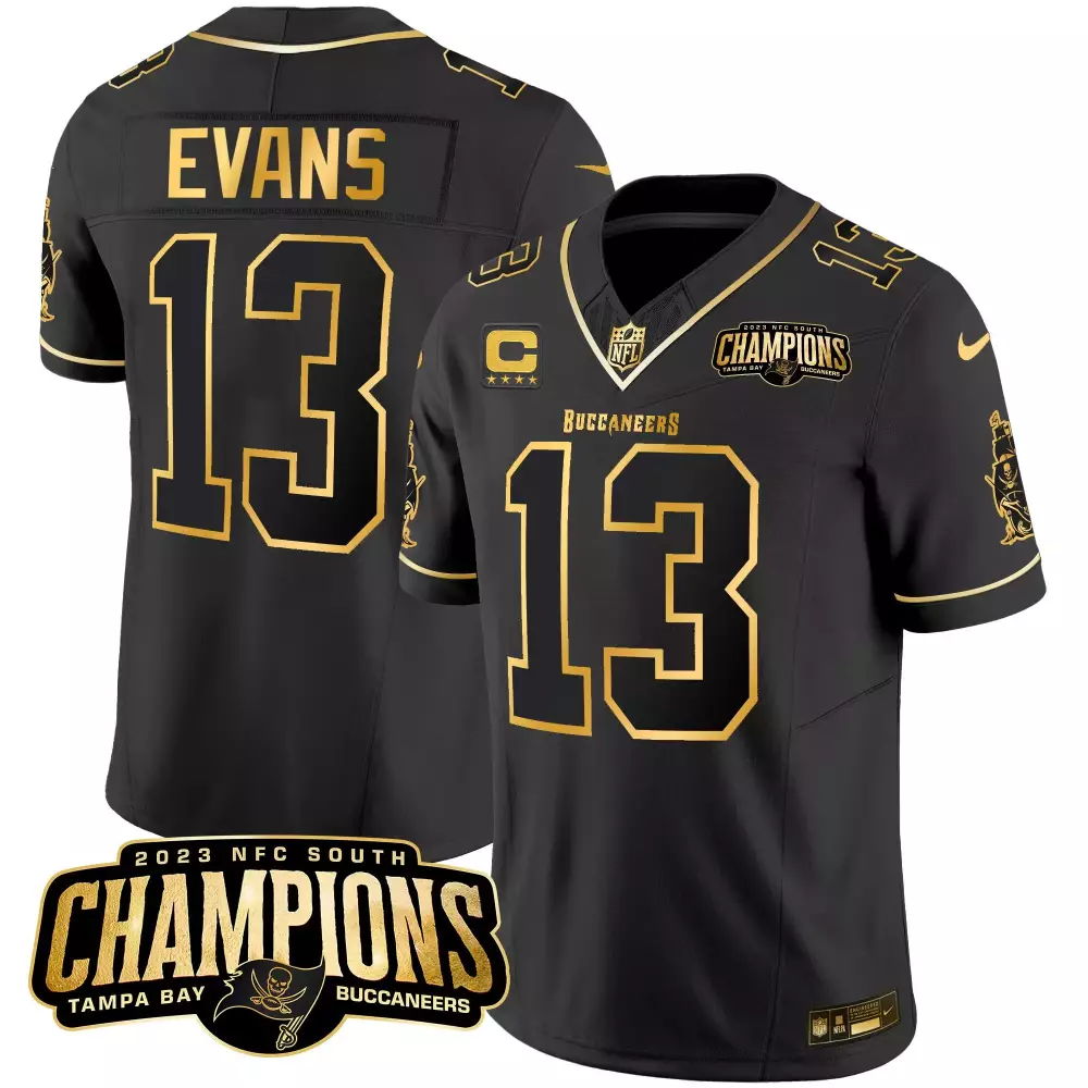 Mike Evans 13 Buccaneers Jersey Black 2023 NFC South Champions Men Gold Vapor All