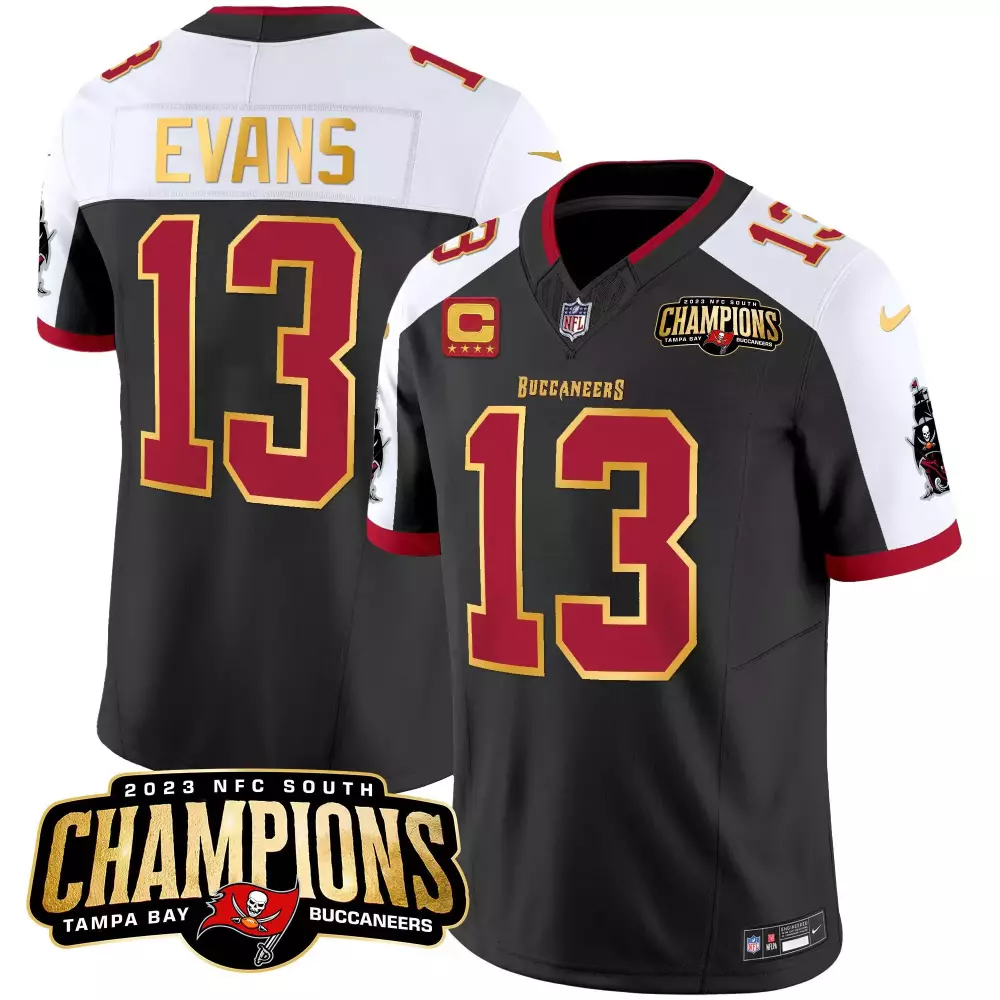 Mike Evans 13 Buccaneers Jersey Black 2023 NFC South Champions Men Red White Gold