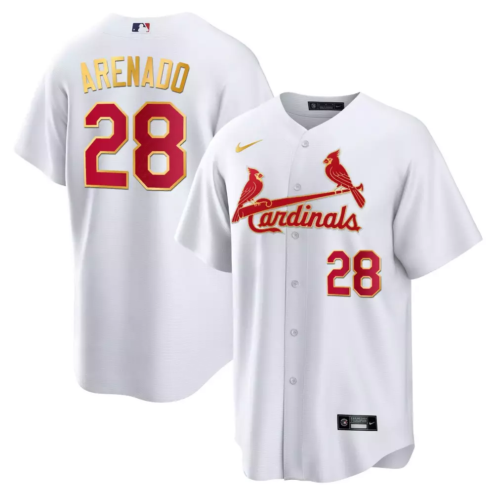 Nolan Arenado 28 Cardinals Jersey White Men Authentic Red Gold Cool Base All Stitched