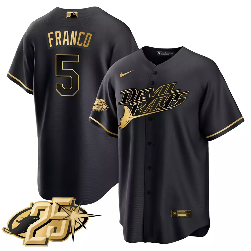Wander Franco 5 Devil Rays Jersey Black 25th Anniversary Men Gold Cool Base All Stitched