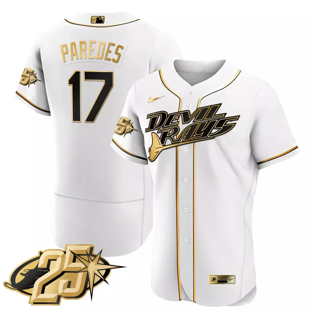 Isaac Paredes 17 Devil Rays Jersey White 25th Anniversary Black Gold Flex Base All