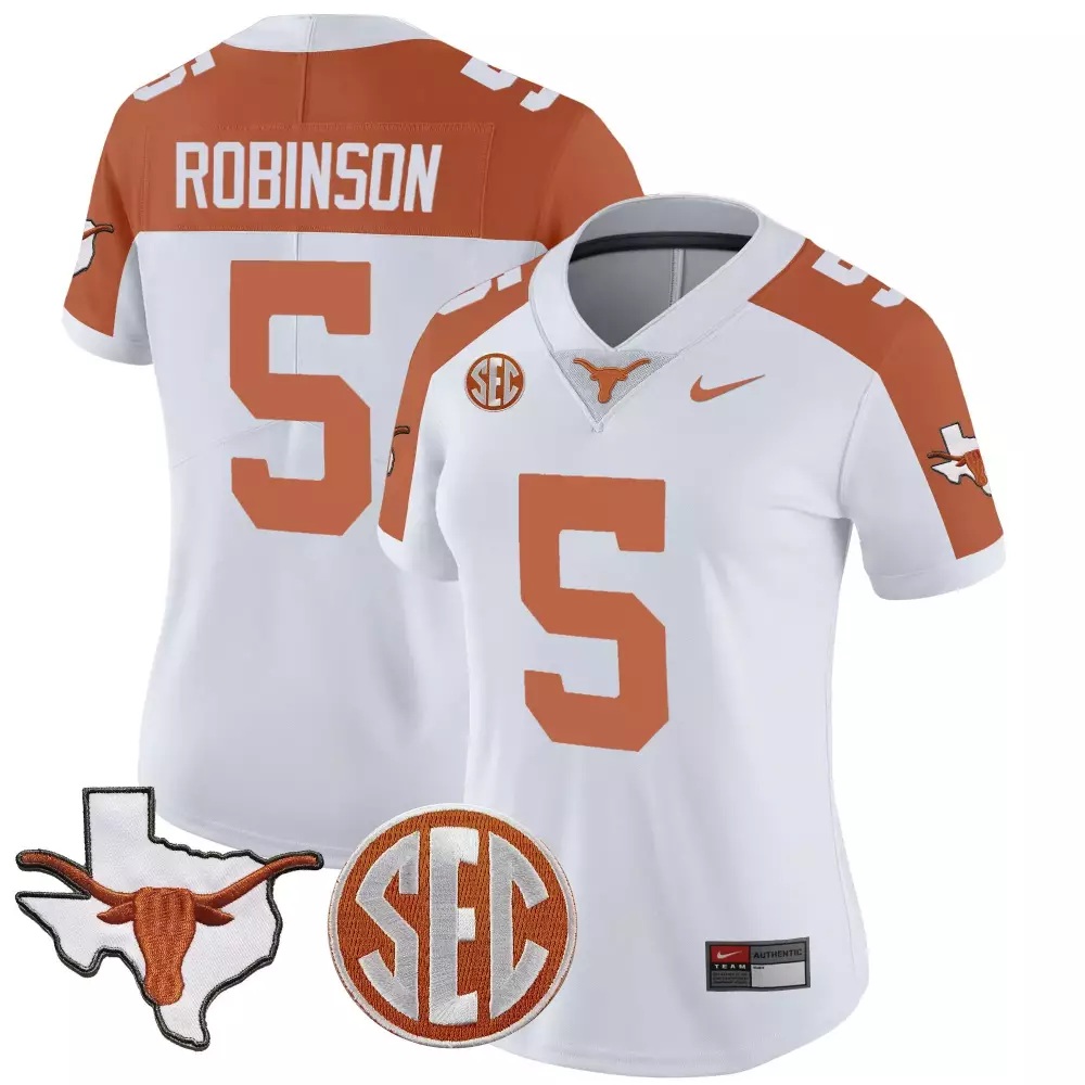 Bijan Robinson 5 Texas Longhorns Jersey White State Outline Longhorn Women Burnt Orange