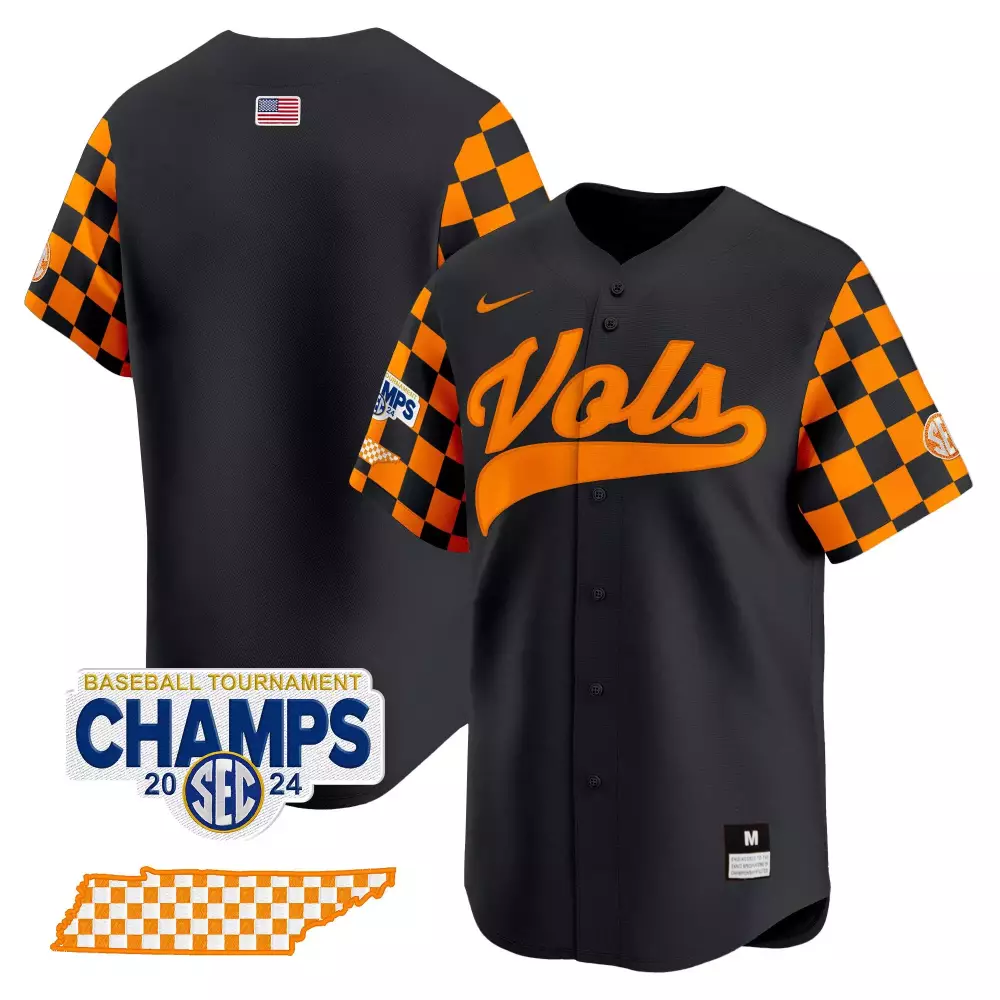 Volunteers Checkerboard Jersey Black 2024 SEC Champions Tennessee Baseball Tournament Champs American Flag