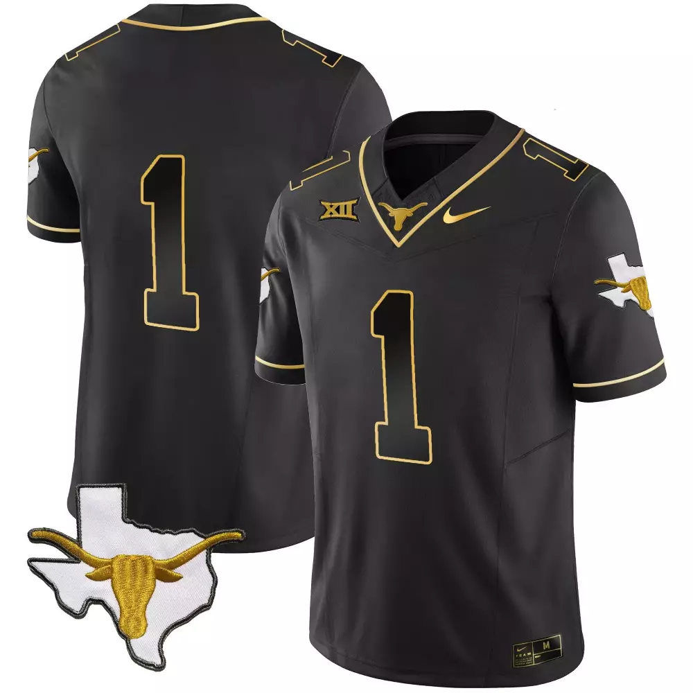 Texas Longhorns 1 Jersey Black State Outline Big Men Gold Vapor Limited All Stitched