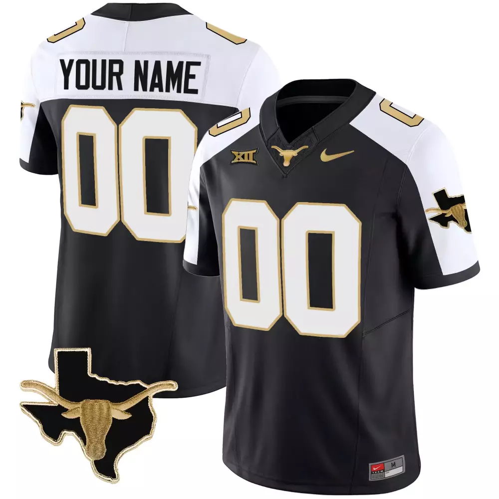 Custom Texas Longhorns Jersey Black Ncaa Map Outline Longhorn Men White Gold All