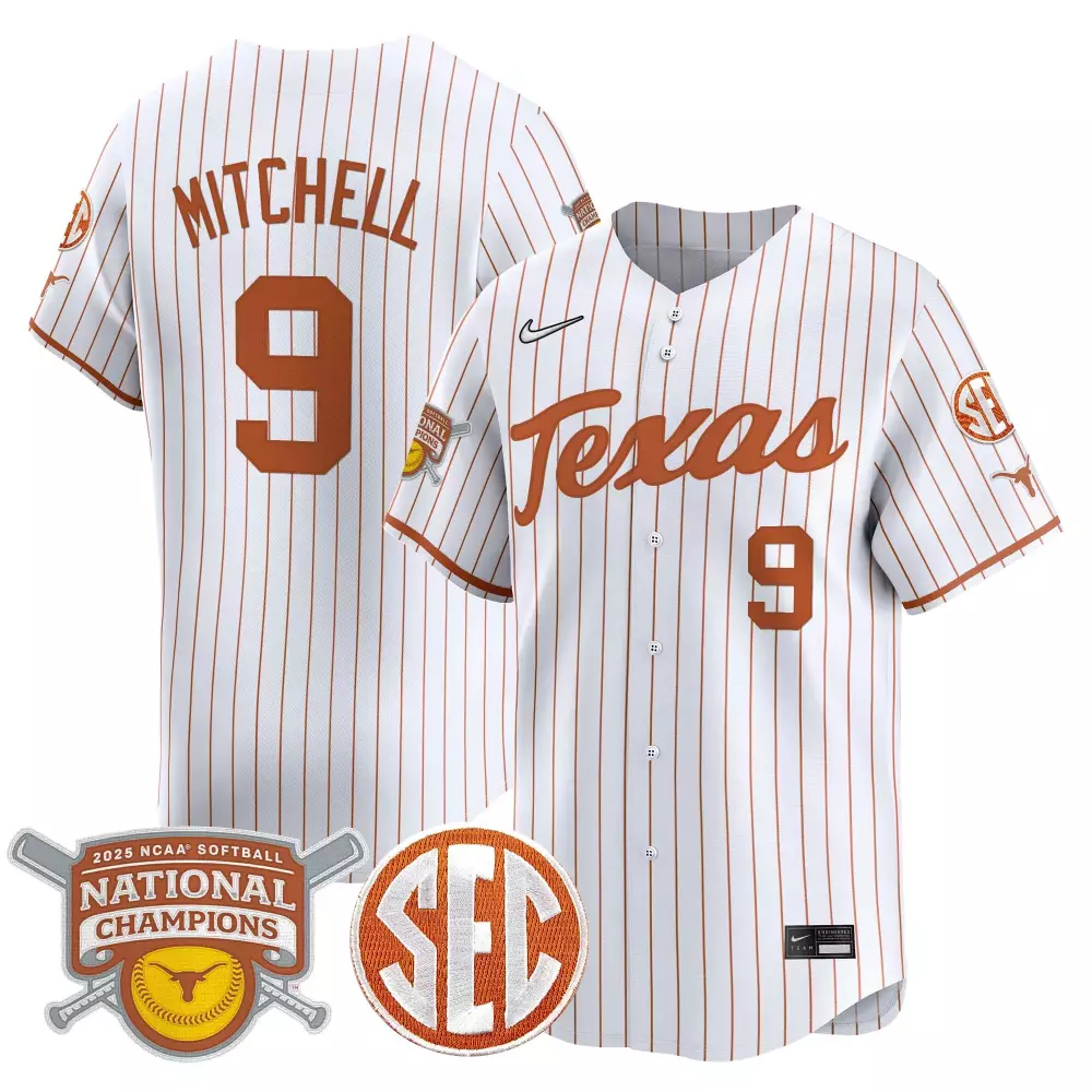 Mitchell 9 Texas Longhorns Jersey White 2025 Ncaa Softball National Champions Orange
