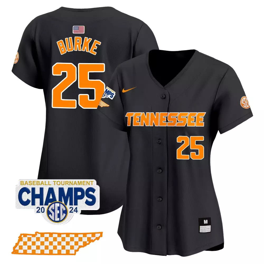Blake Burke 25 Tennessee Jersey Black SEC Baseball Tournament Champs 2024 Women Orange