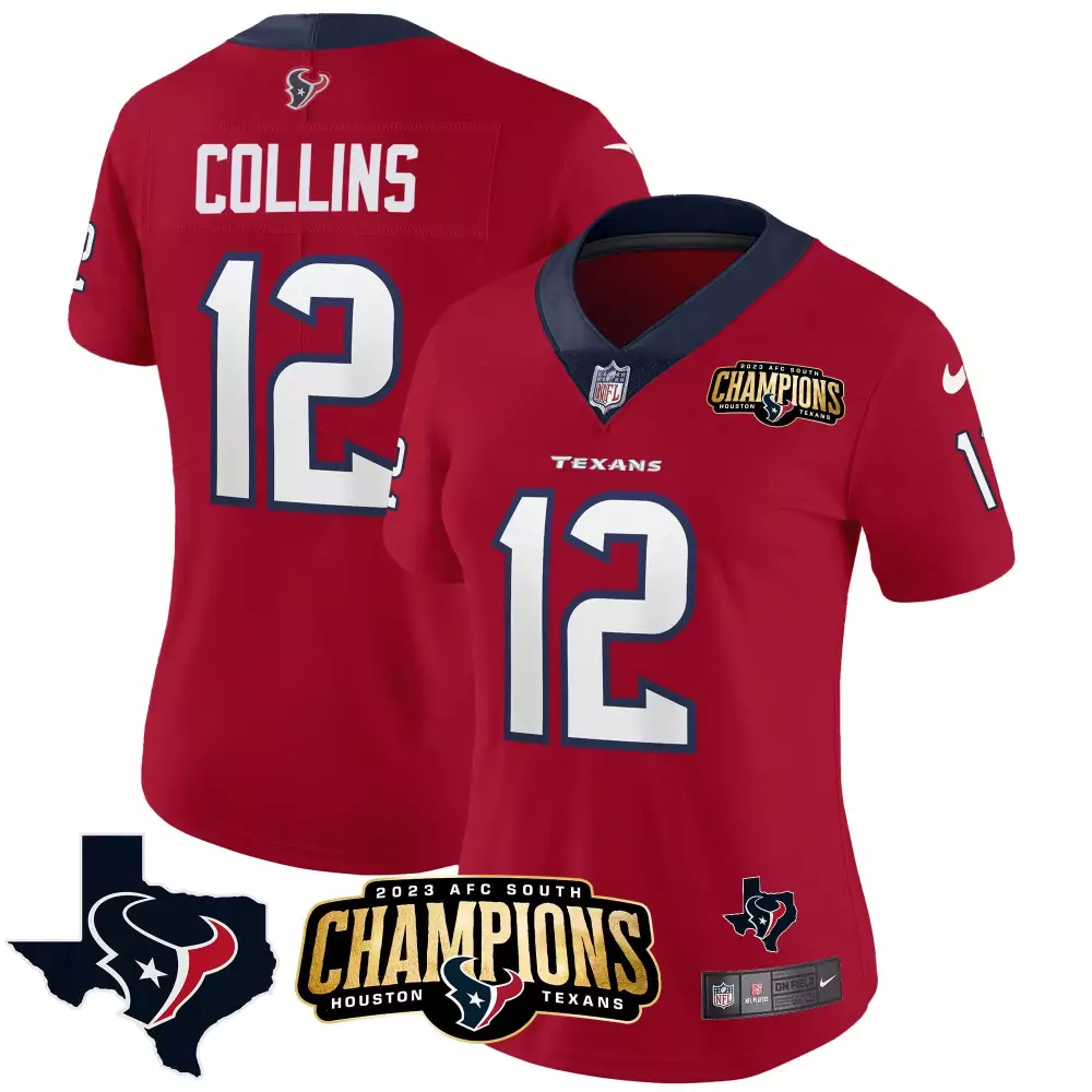 Nico Collins 12 Houston Texans Jersey Red AFC South Champions 2023 Women Navy Blue