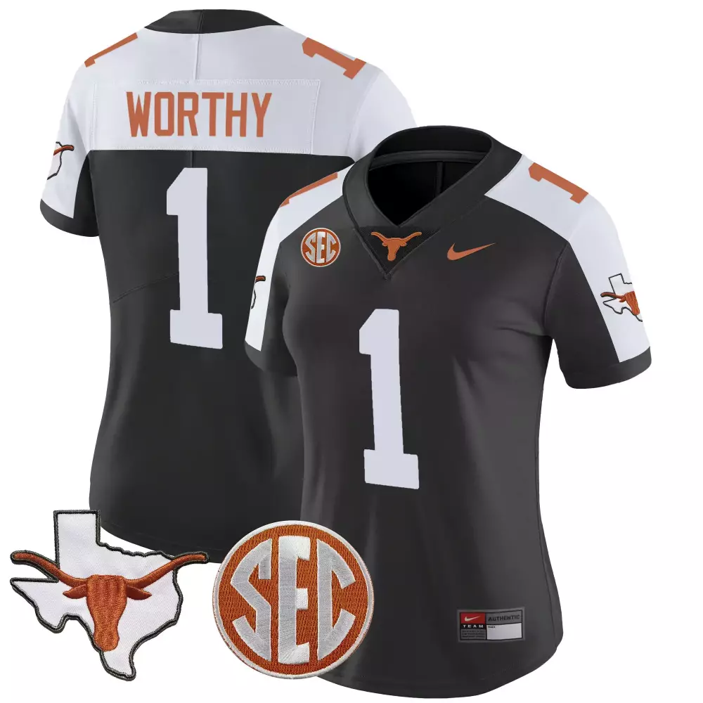 Xavier Worthy 1 Texas Longhorns Jersey Charcoal State Outline Women White Burnt Orange