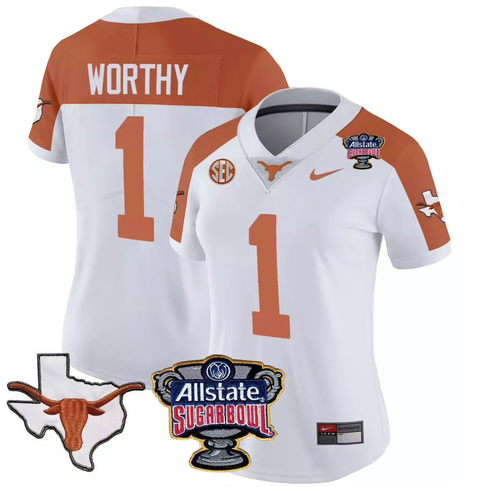 Xavier Worthy 1 Texas Longhorns Jersey White Allstate Sugar Bowl Men Orange Vapor