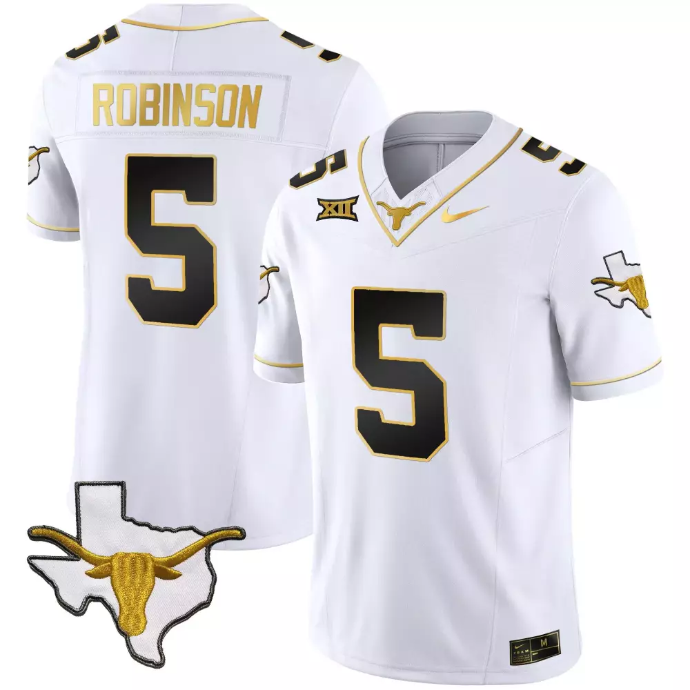 Bijan Robinson 5 Texas Longhorns Jersey White Mascot Outline Men Black Gold Vapor