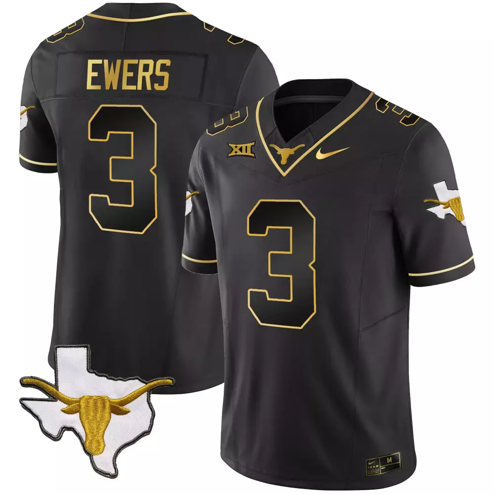 Quinn Ewers 3 Texas Longhorns Jersey Black State Outline Longhorn Men Gold All Stitched