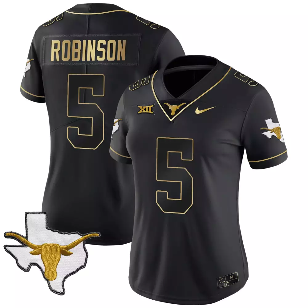 Bijan Robinson 5 Texas Longhorns Jersey Black Big Flag Longhorn Women Gold Vapor