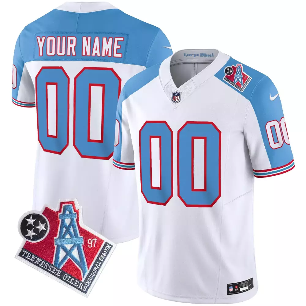 Custom Tennessee Titans Jersey White Oilers Men Alternate Design Light Blue Red Throwback