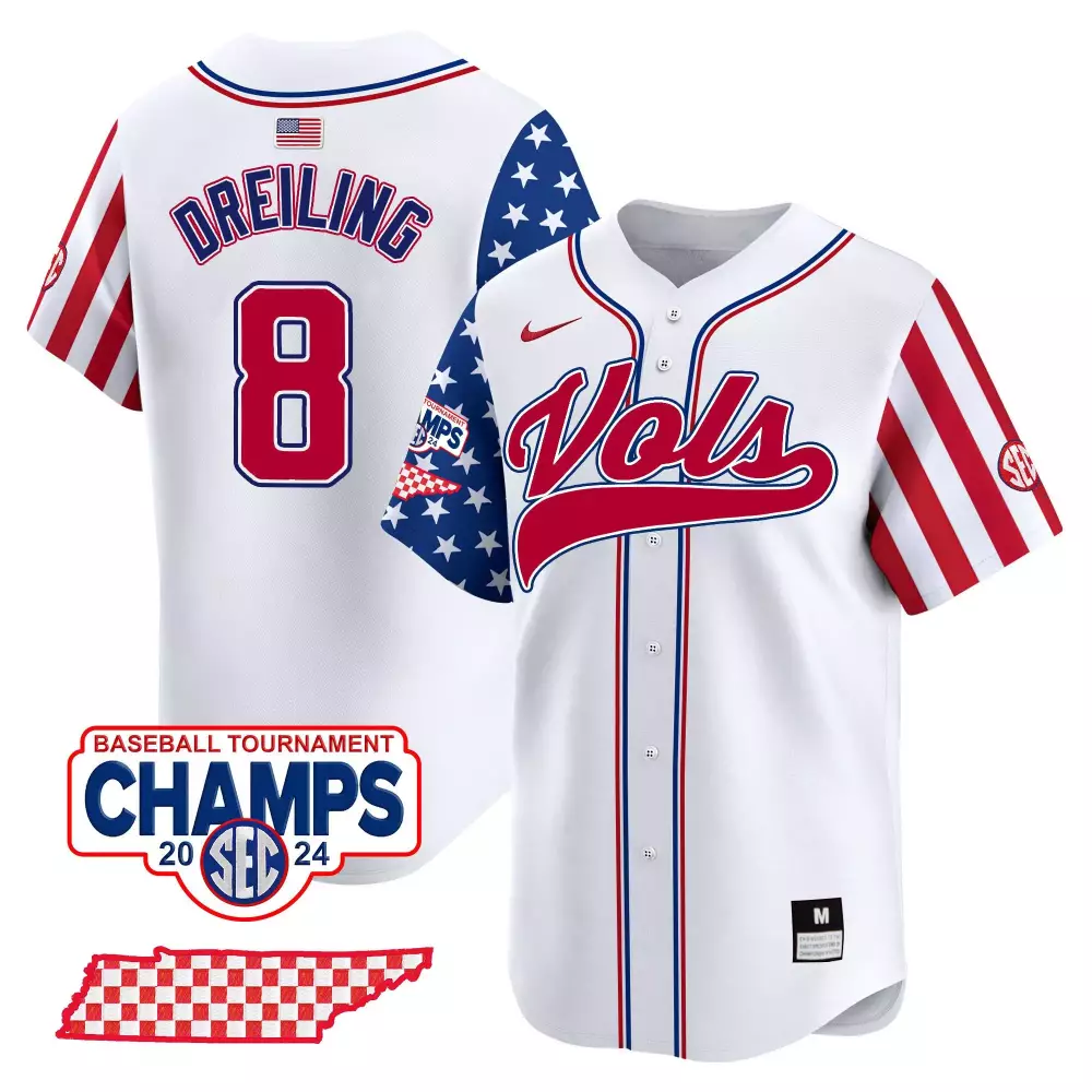 Dylan Dreiling 8 Vols Jersey White 2024 SEC Baseball Tournament Champions American Flag Champs