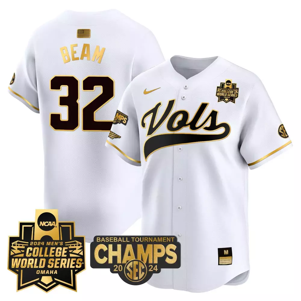 Drew Beam 32 Tennessee Volunteers Jersey White 2024 Men's College World Series Baseball Tournament Champions
