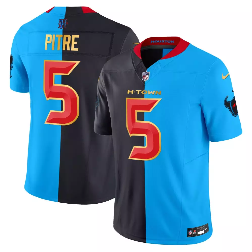 Jalen Pitre 5 Houston Texans Jersey Blue Men NFL Split Black Red Gold Vapor Limited