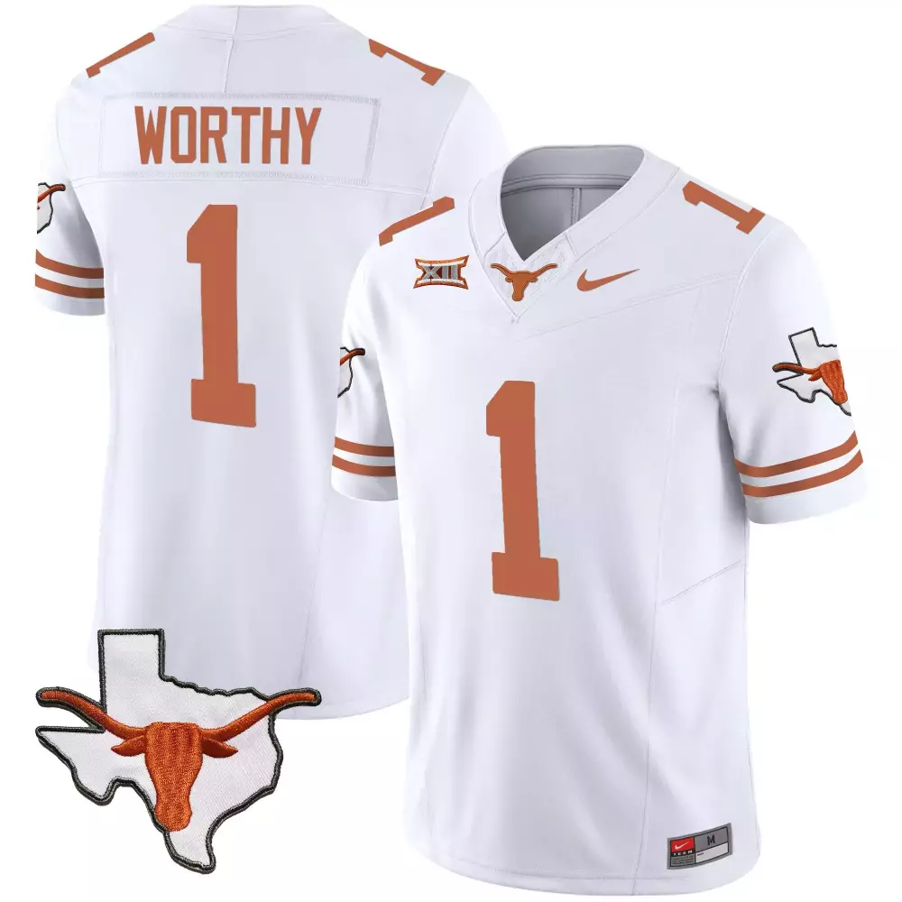 Xavier Worthy 1 Texas Longhorns Jersey White State Outline Longhorn Men Burnt Orange