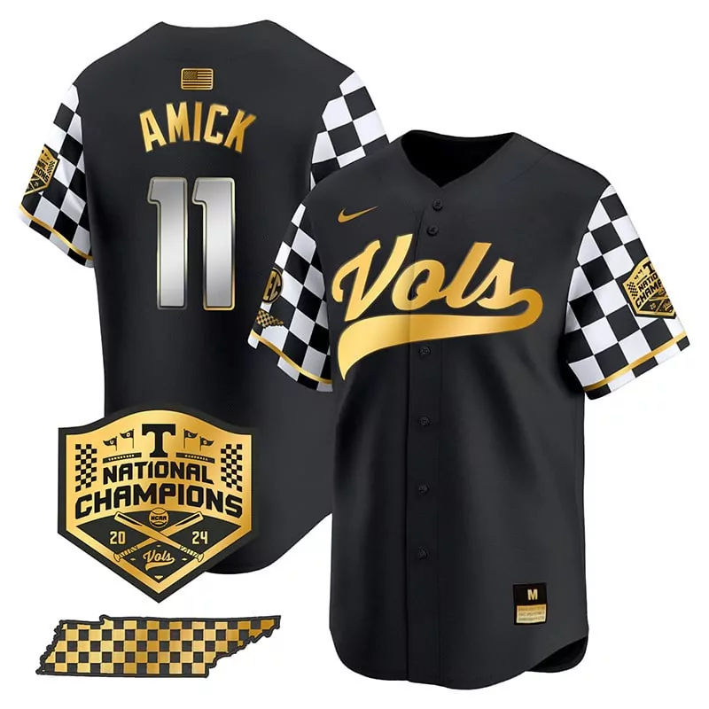 Billy Amick 11 Jersey Black National Champions Tennessee Volunteers 2024 Checkered Flag
