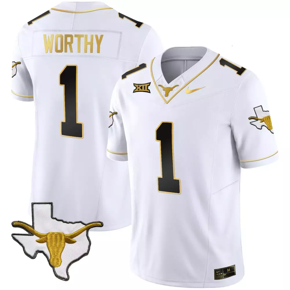 Xavier Worthy 1 Texas Longhorns Jersey White Outline Longhorn Big Men Black Gold