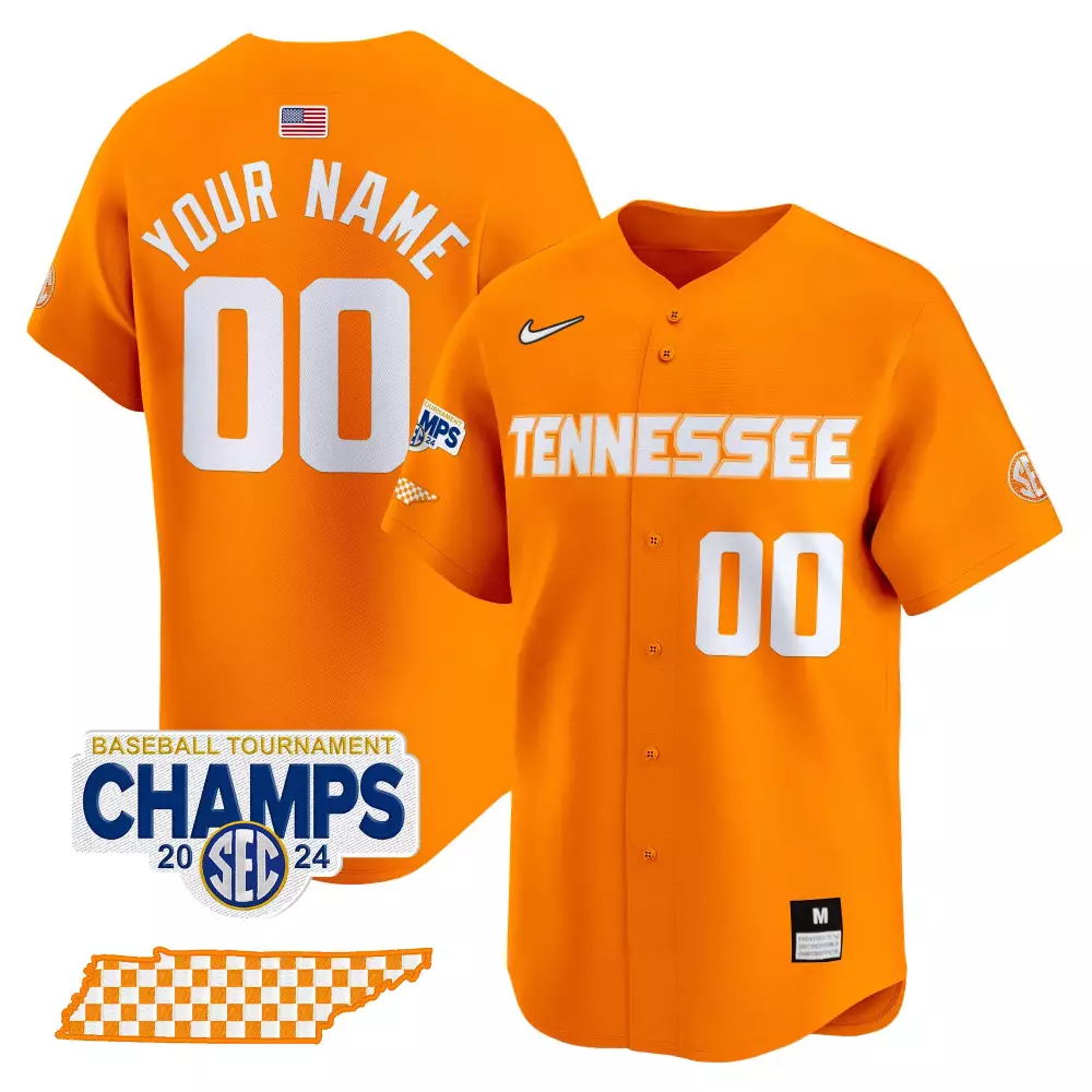 Custom Tennessee Jersey Orange Baseball Tournament Champs 2024 State Outline Checkered