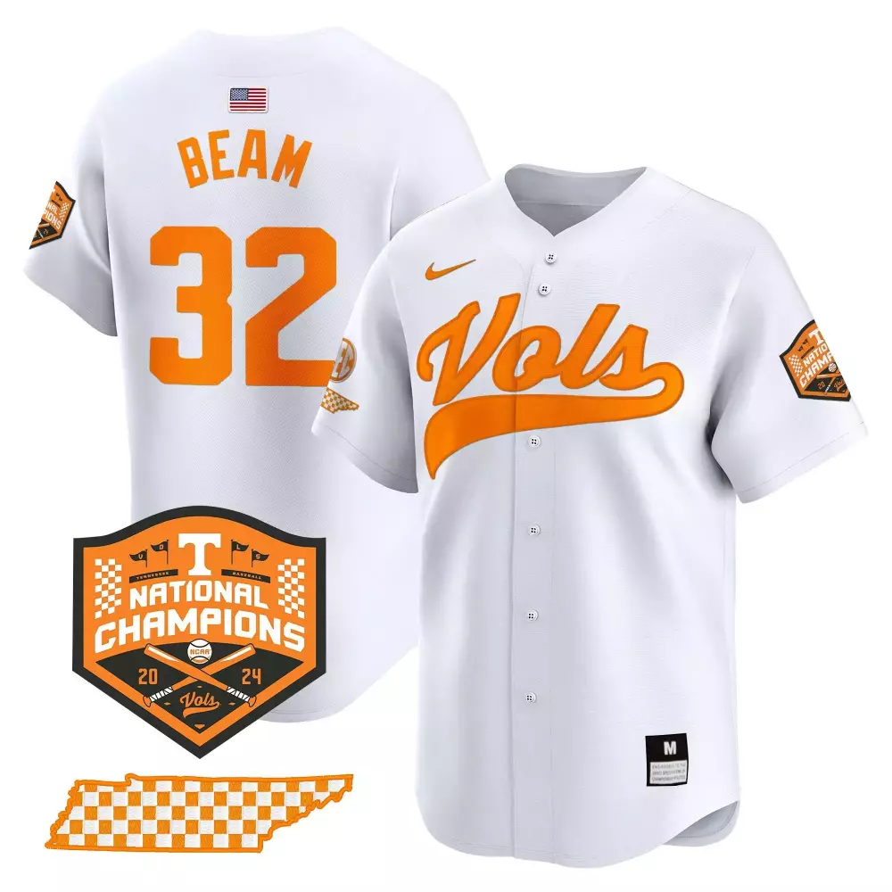 Drew Beam 32 Vols Jersey White 2024 National Champions Tennessee Map Outline Checkered