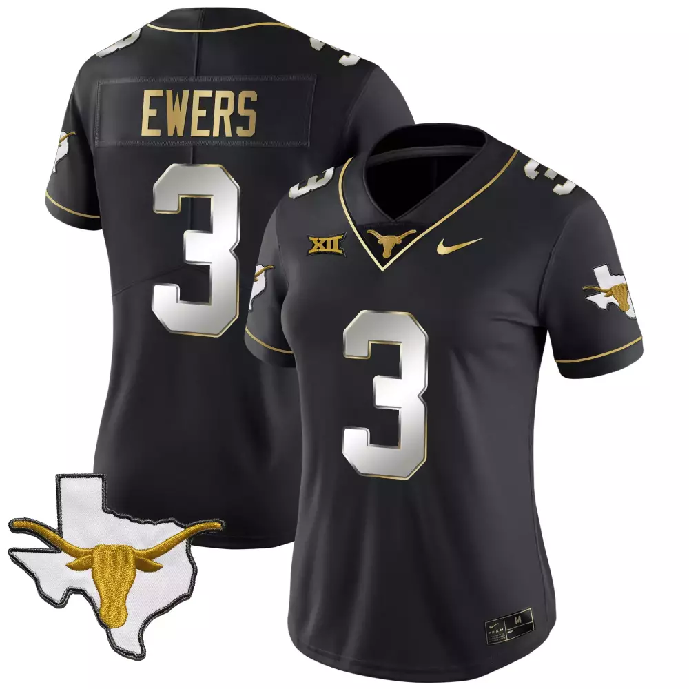Quinn Ewers 3 Texas Longhorns Jersey Black Big State Shape Longhorn Men White Gold