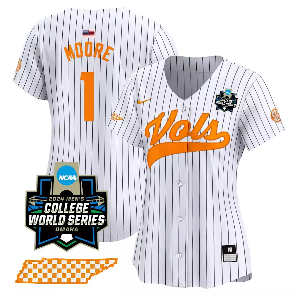 Christian Moore 1 Jersey White 2024 College World Series Tennessee Volunteers Us Flag