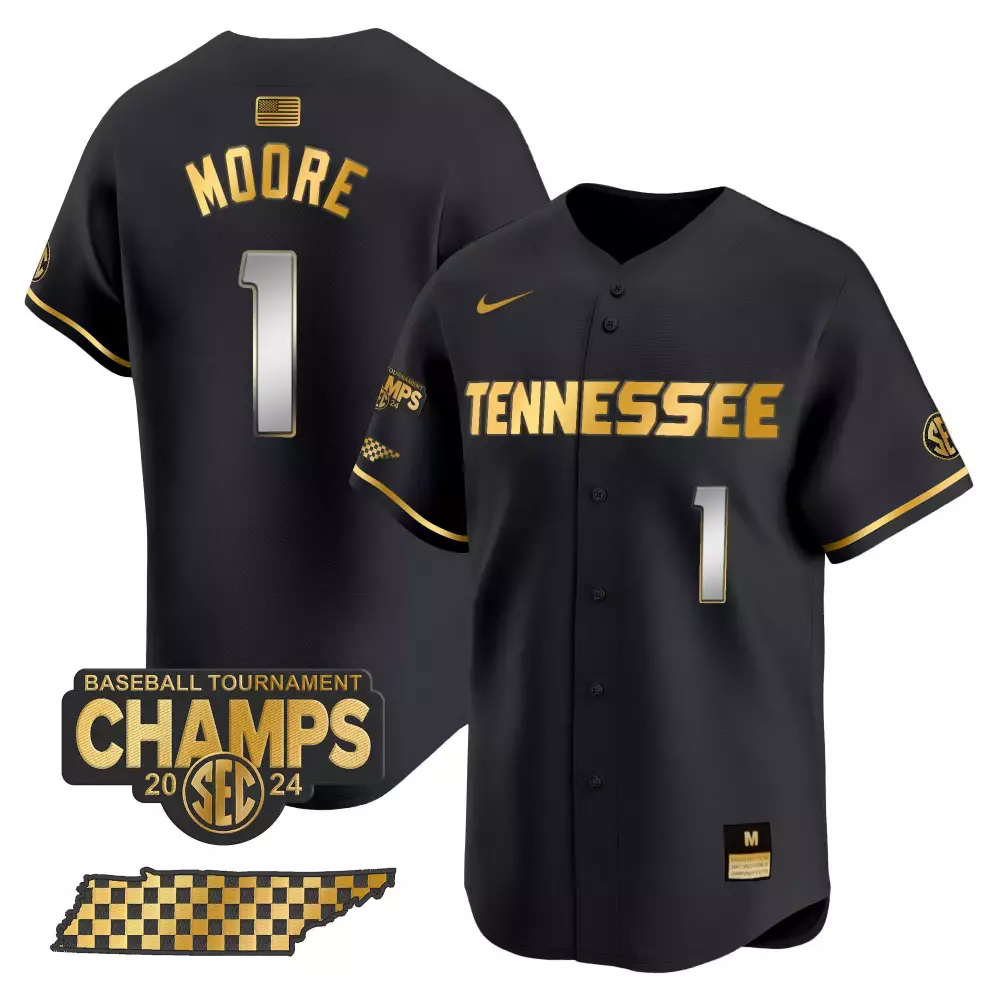 Christian Moore 1 Tennessee Jersey Black Baseball Tournament Champs 2024 Men Gold