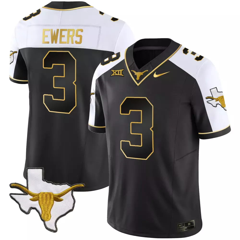 Quinn Ewers 3 Texas Longhorns Jersey Black State Men Split Design White Gold All