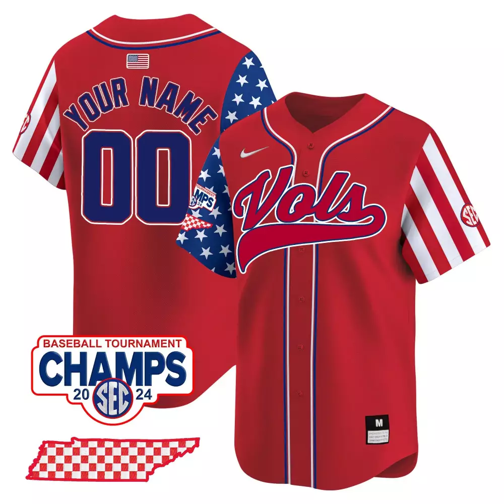 Custom Tennessee Volunteers Jersey Red Baseball Tournament Champs 2024 American Flag