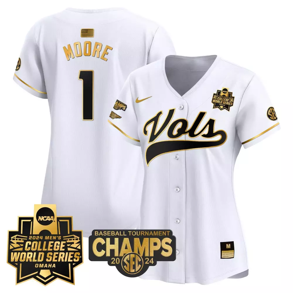 Christian Moore 1 Vols Jersey White 2024 Baseball Tournament Champs Men Black Gold