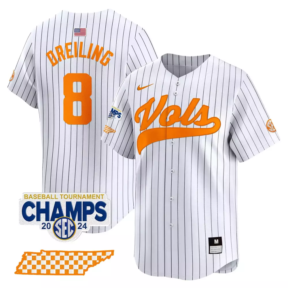Dylan Dreiling 8 Jersey White SEC Tournament Champs Tennessee Volunteers USA Flag Baseball 2024